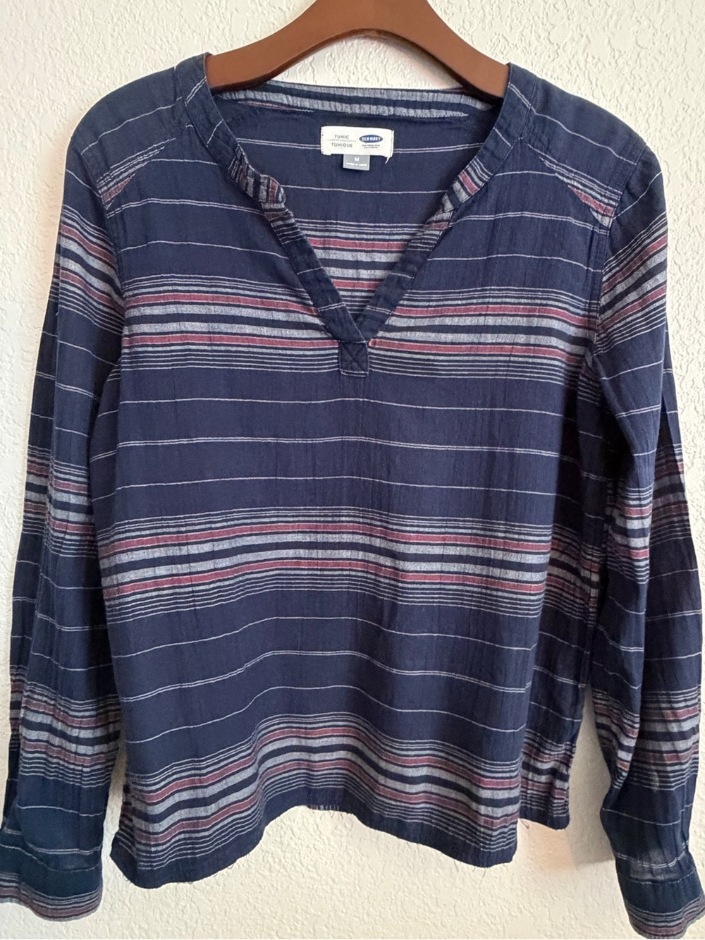 Old Navy Tunic Medium 100% Cotton Striped Popover Top Blue Boho Coastal